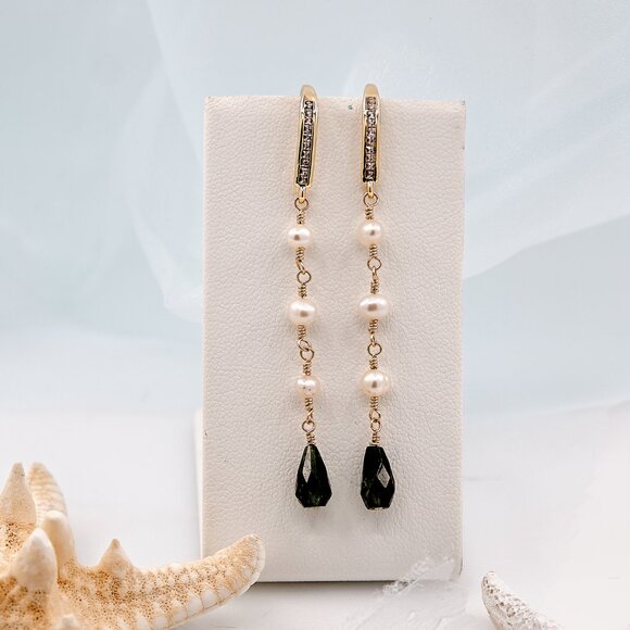 Tourmaline & Pearl Dangle Earrings, Dainty Handmade Earrings - Picture 5 of 9